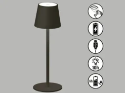 Akku Tischlampe TROPEA Schwarz mit USB Kabel & Sensor Dimmer, Höhe 38cm