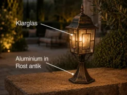 Antike außen Sockelleuchte aus Aluminium Rostoptik mit E27 LED, Höhe 47cm