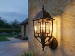 Antike Außenwandleuchte, Laterne stehend Rostoptik mit E27 LED, Höhe 41cm