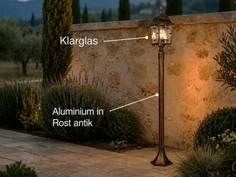 Antike Wegeleuchte aus Aluminium Rostoptik mit E27 LED, Höhe 100cm