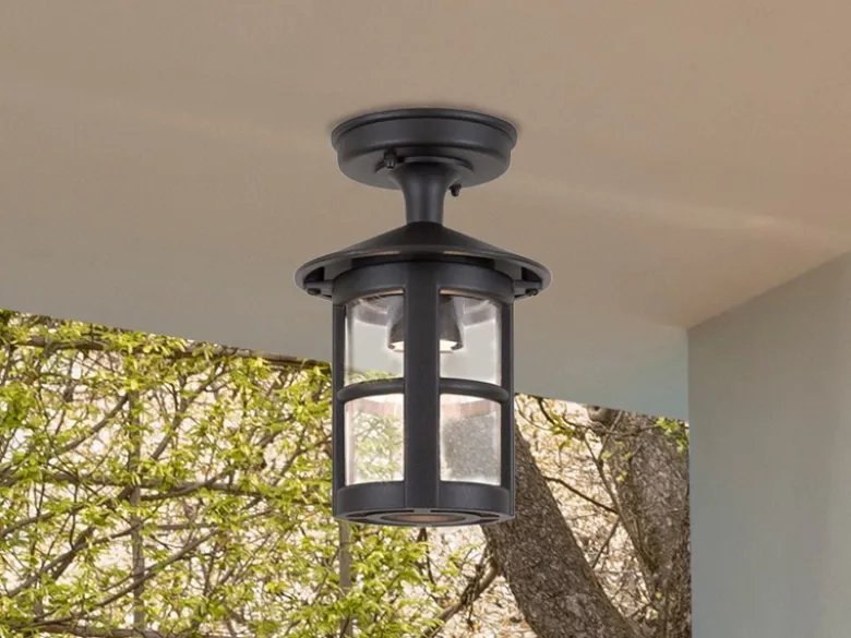 Außen Deckenlaterne HEREFORD aus Alu im Landhausstil, Schwarz Höhe 23,5cm