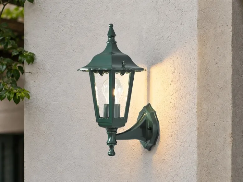 Außenwandleuchte antike Laterne stehend aus Aluminium Grün, E27, Höhe 36cm