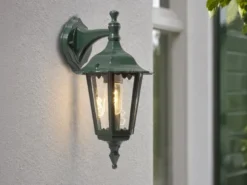 Außenwandleuchte antike Laterne hängend aus Aluminium Grün, E27, Höhe 39cm