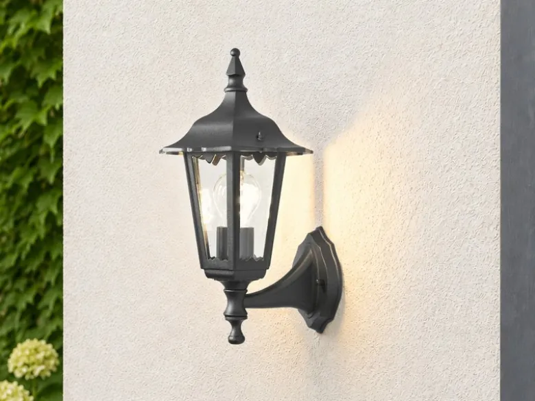 Außenwandleuchte antike Laterne stehend aus Aluminium Schwarz, E27, Höhe 36cm
