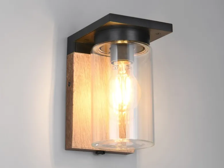 Außenwandleuchte ARDILA Holzoptik mit E27 Glas Lampenschirm, Höhe 19cm