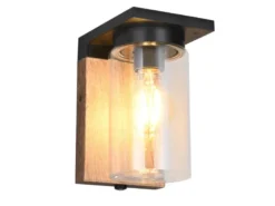 Außenwandleuchte ARDILA Holzoptik mit E27 Glas Lampenschirm, Höhe 19cm