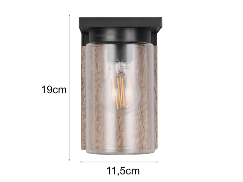 Außenwandleuchte ARDILA Holzoptik mit E27 Glas Lampenschirm, Höhe 19cm