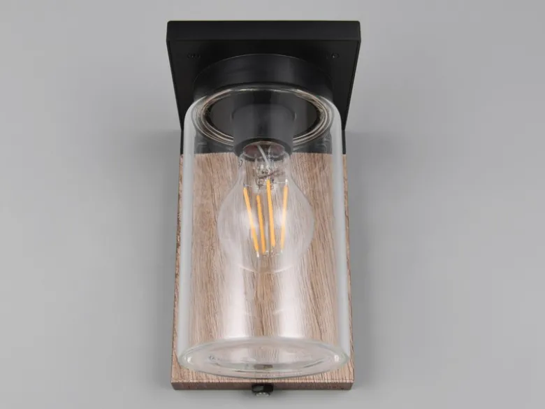 Außenwandleuchte ARDILA Holzoptik mit E27 Glas Lampenschirm, Höhe 19cm