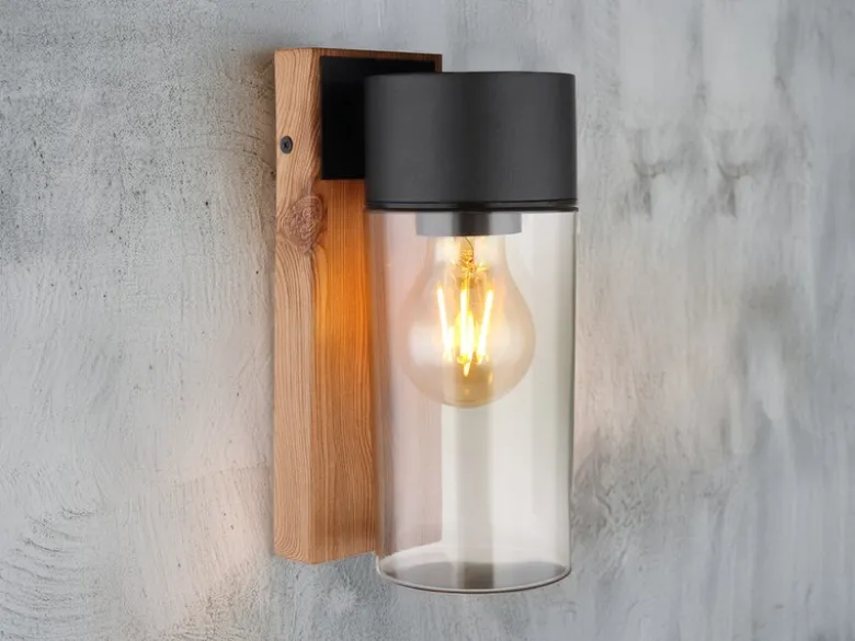 Außenwandleuchte ETSI aus Edelstahl in Holzoptik mit rauchfarbigem Glas H:22,5cm