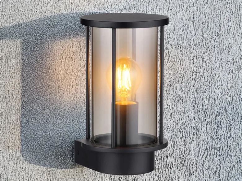 Außenwandleuchte GRACEY Laterne aus Edelstahl mit Rauchglas, Höhe 25cm