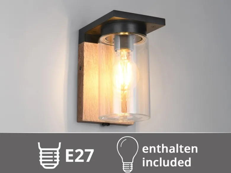 Außenwandleuchte Holzoptik mit E27 LED & Glas Lampenschirm, Höhe 19cm