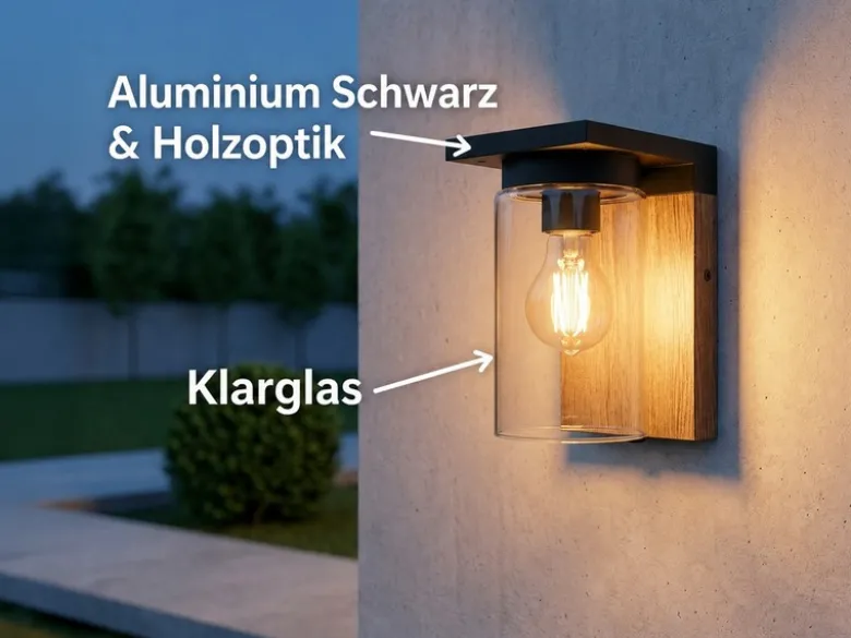 Außenwandleuchte Holzoptik mit E27 LED & Glas Lampenschirm, Höhe 19cm
