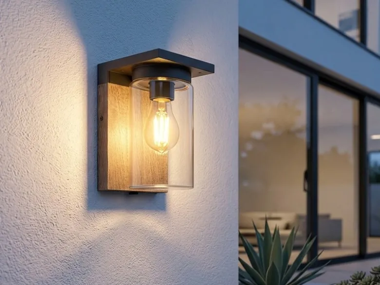 Außenwandleuchte Holzoptik mit E27 LED & Glas Lampenschirm, Höhe 19cm
