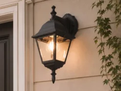 Außenwandleuchte Laterne hängend, Aluminium Schwarz mit E27 LED, Höhe 34cm