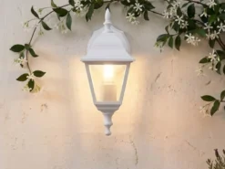Außenwandleuchte Laterne hängend, Aluminium Weiß mit E27 LED, Höhe 34cm