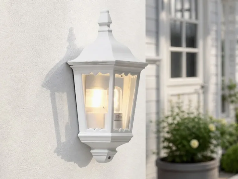 Außenwandleuchte Laternen Halbschale, E27, Aluminium Weiß, Höhe 44,5cm