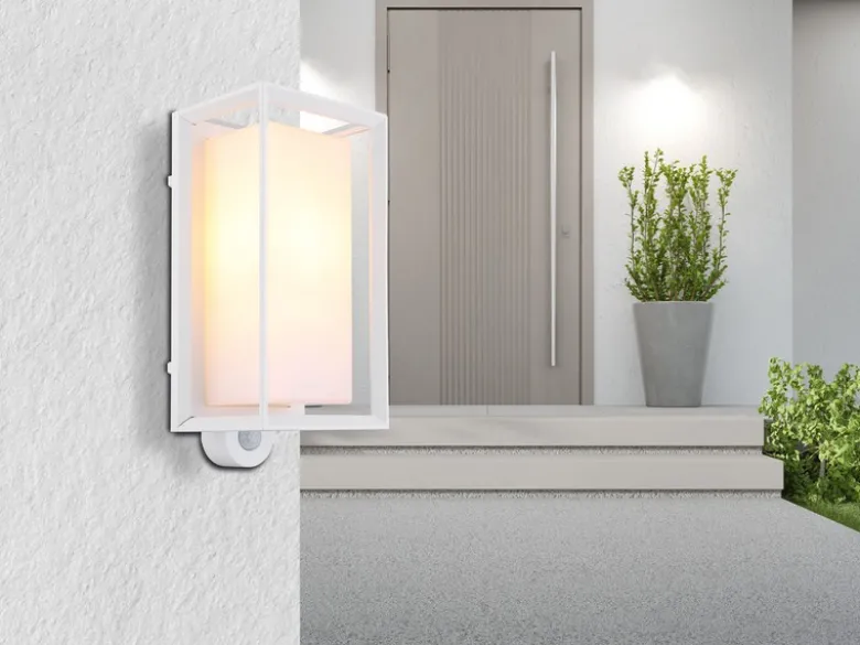 Außenwandleuchte LOGANA Laterne mit Bewegungsmelder in Weiß, Höhe 28cm