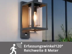Außenwandleuchte LUNGA mit Bewegungsmelder, Laterne Anthrazit Höhe 33cm