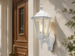 Außenwandleuchte mit Bewegungsmelder, antike E27 LED Wandlaterne, Weiß Höhe 48cm