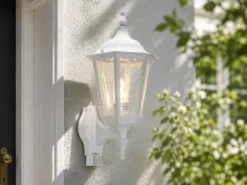 Außenwandleuchte mit Bewegungsmelder, antike E27 LED Wandlaterne, Weiß Höhe 48cm