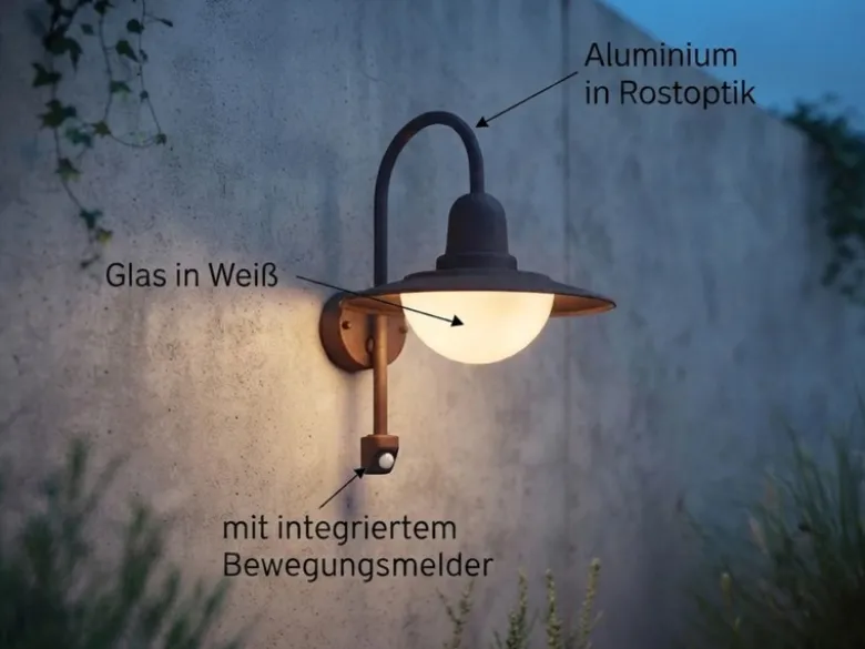 Außenwandleuchte mit Bewegungsmelder & E27 LED Landhausstil Rostoptik, Höhe 45cm