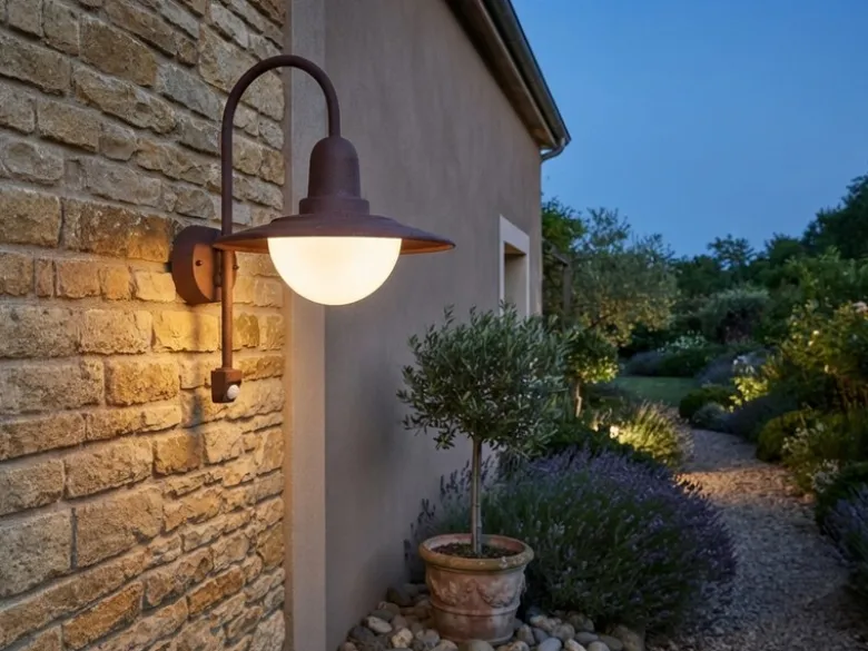 Außenwandleuchte mit Bewegungsmelder & E27 LED Landhausstil Rostoptik, Höhe 45cm