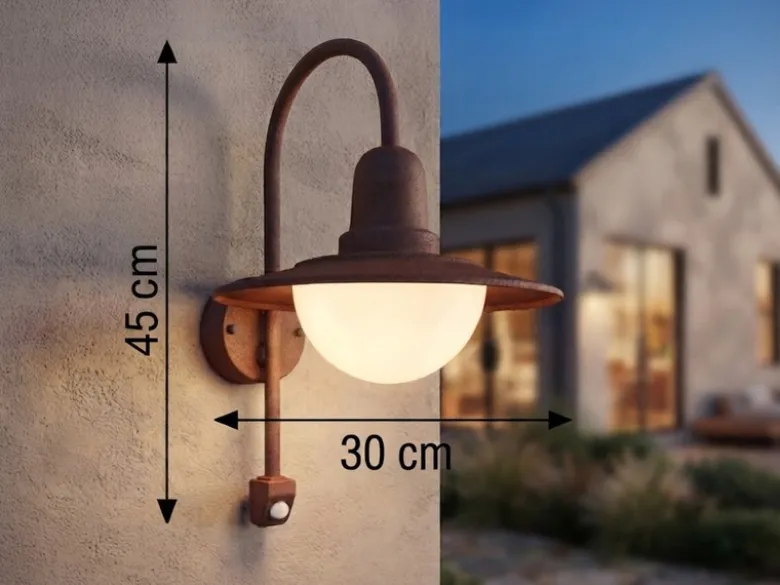 Außenwandleuchte mit Bewegungsmelder & E27 LED Landhausstil Rostoptik, Höhe 45cm