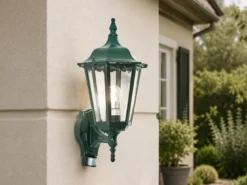 Außenwandleuchte mit Bewegungsmelder, antike E27 LED Wandlaterne, Grün Höhe 48cm