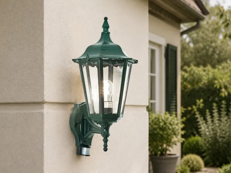 Außenwandleuchte mit Bewegungsmelder, antike E27 LED Wandlaterne, Grün Höhe 48cm