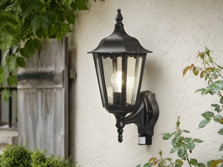 Außenwandleuchte mit Bewegungsmelder, E27 LED Wandlaterne, Schwarz, Höhe 48cm