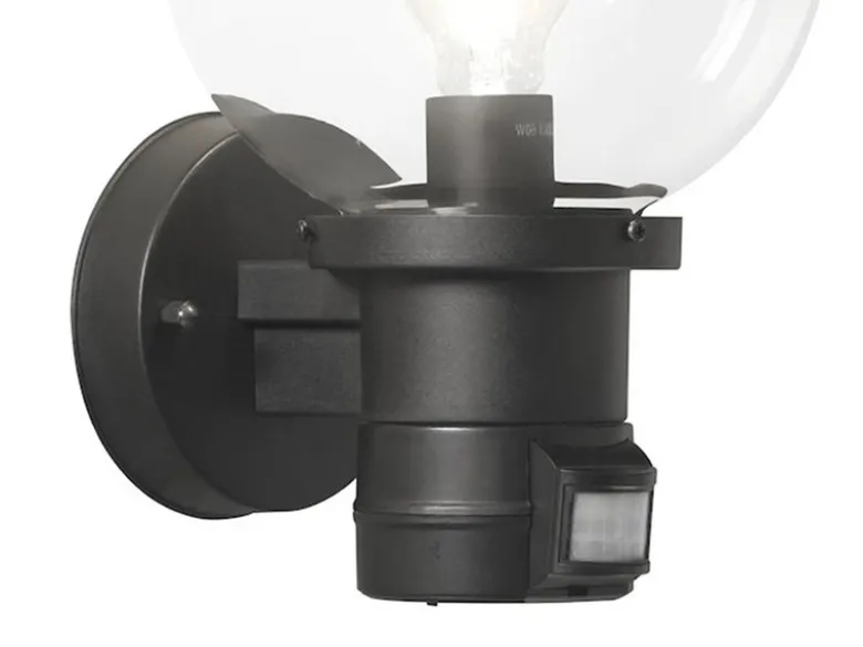 Außenwandleuchte NEMI mit Bewegungsmelder, Schwarz mit Glas Kugel Ø 20cm