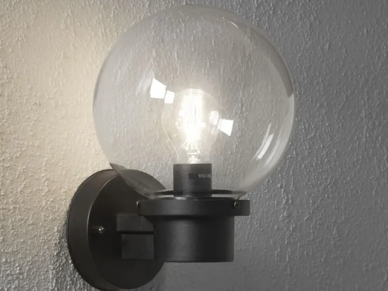 Außenwandleuchte NEMI mit Dämmerungssensor, Schwarz mit Glas Kugel Ø 20cm