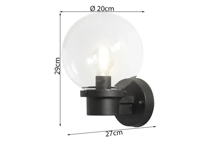 Außenwandleuchte NEMI, Schwarz, Höhe 29cm mit Glas Kugel Ø 20cm