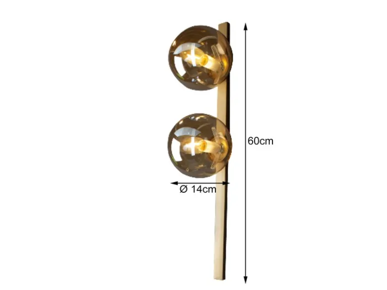 Außergewöhnliche LED Wandlampe Messing 2 flammig Glaskugel Amber, Höhe 60cm