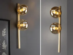 Außergewöhnliche LED Wandlampe Messing 2 flammig Glaskugel Amber, Höhe 60cm