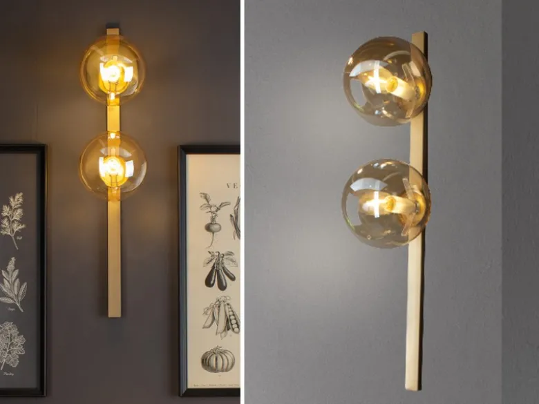 Außergewöhnliche Wandlampe PLUTO Messing 2 flammig - Glaskugel Amber