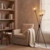 Ausgefallene Dreibein Stehlampe SELA Schwarz Metall Gold Drahtgeflecht H: 159cm