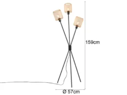 Ausgefallene Dreibein Stehlampe SELA Schwarz Metall Gold Drahtgeflecht H: 159cm