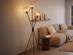 Ausgefallene Dreibein Stehlampe SELA Schwarz Metall Gold Drahtgeflecht H: 159cm