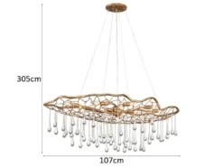 Ausgefallene große LED Pendelleuchte Gold matt mit Glas Behang, Breite 107cm