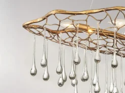 Ausgefallene große LED Pendelleuchte Gold matt mit Glas Behang, Breite 107cm