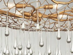 Ausgefallene große LED Pendelleuchte Gold matt mit Glas Behang, Breite 107cm