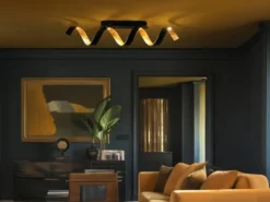 Ausgefallene LED Deckenlleuchte HELIX Schwarz / Gold, Breite 80cm