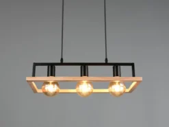 Ausgefallene LED Pendelleuchte mit Rahmen aus Naturholz, Breite 57,5cm