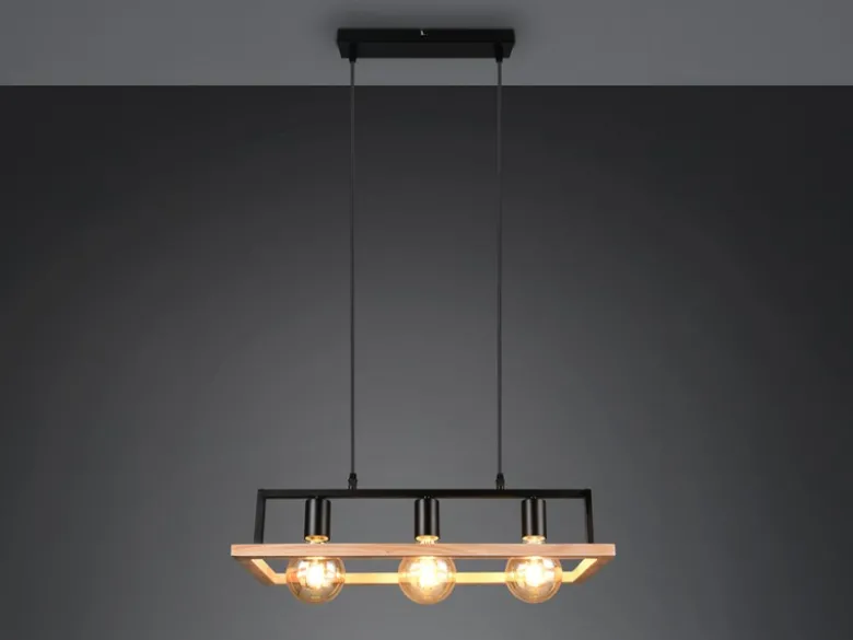 Ausgefallene LED Pendelleuchte mit Rahmen aus Naturholz, Breite 57,5cm