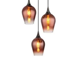 Ausgefallene LED Pendelleuchte mit drei Kupferfarbigen Glasschirmen, Ø 45cm