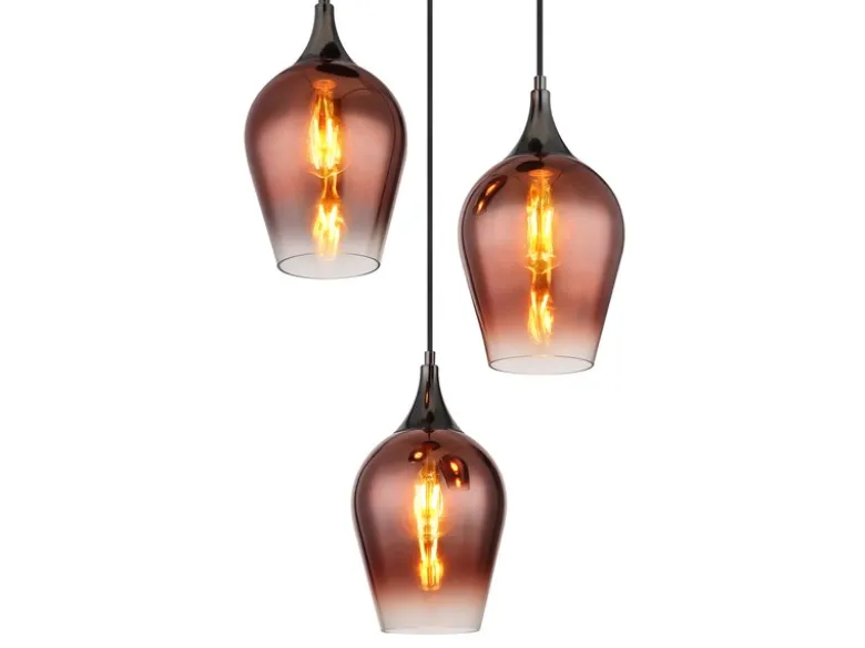 Ausgefallene LED Pendelleuchte mit drei Kupferfarbigen Glasschirmen, Ø 45cm