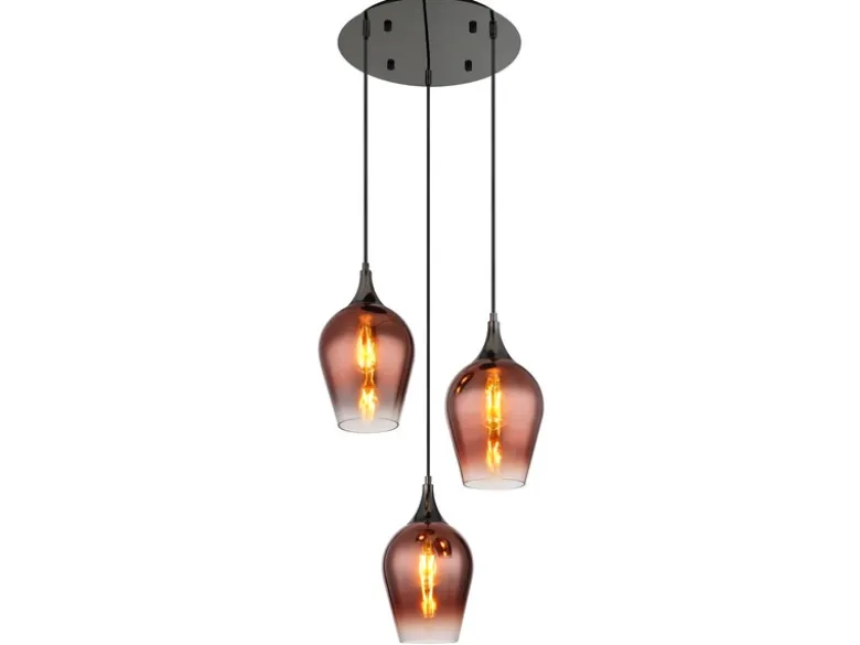 Ausgefallene LED Pendelleuchte mit drei Kupferfarbigen Glasschirmen, Ø 45cm