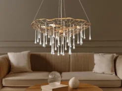 Ausgefallene LED Pendelleuchte Gold matt mit Glas Behang Ø 66cm