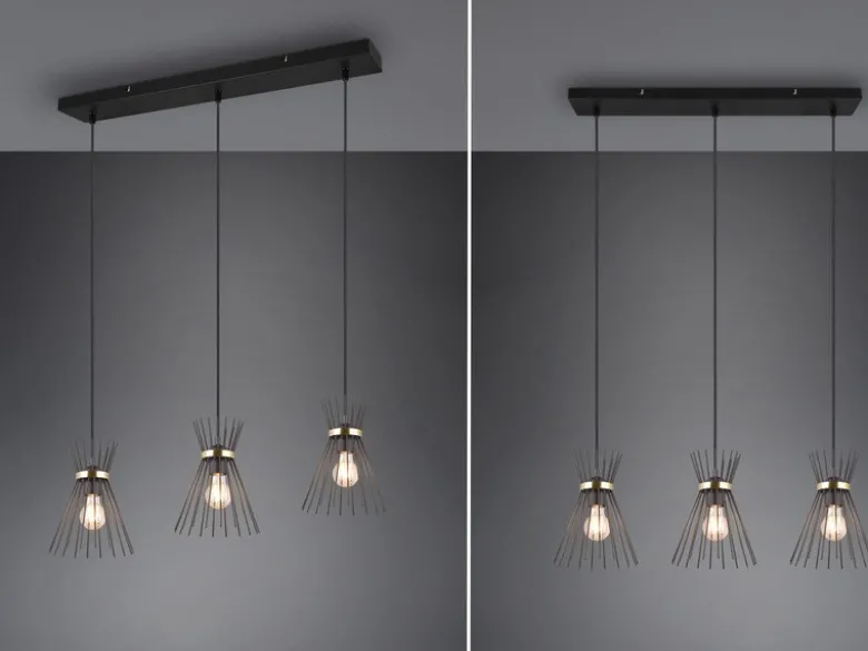 Ausgefallene LED Pendelleuchte 3 Draht Lampenschirme Schwarz-Gold, Breite 82cm